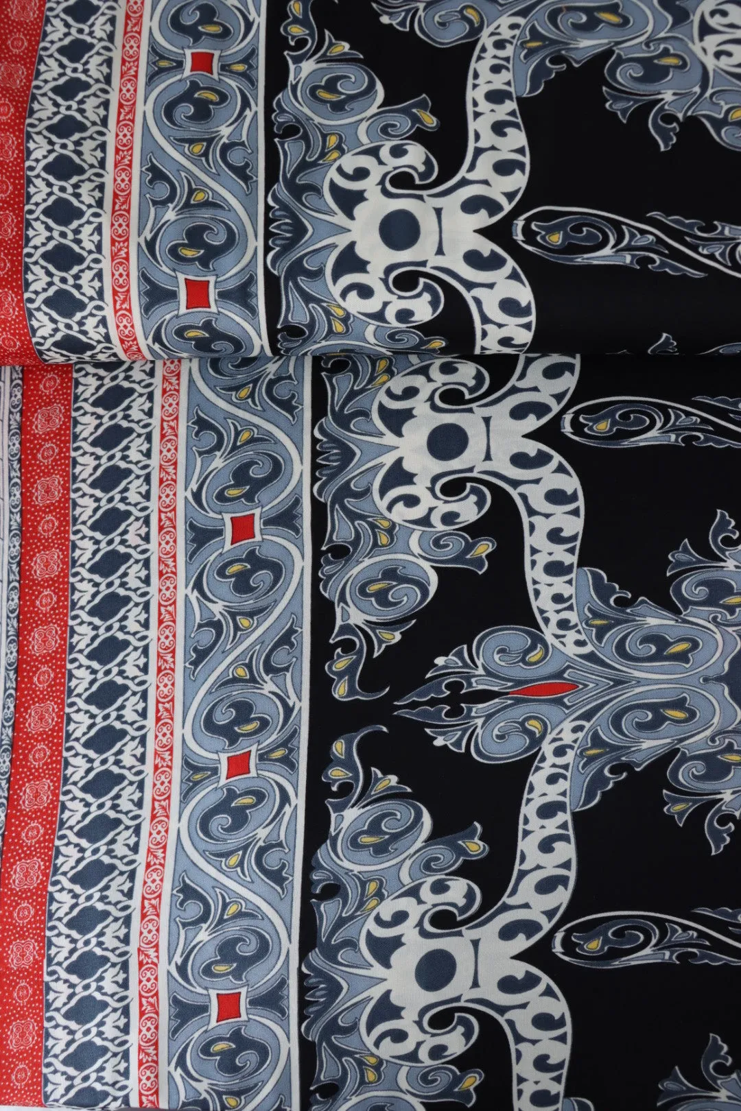 2YD 32IN REMNANT; Steel Blue & Red Double Border 100% Silk Jersey