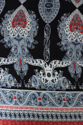 2YD 32IN REMNANT; Steel Blue & Red Double Border 100% Silk Jersey