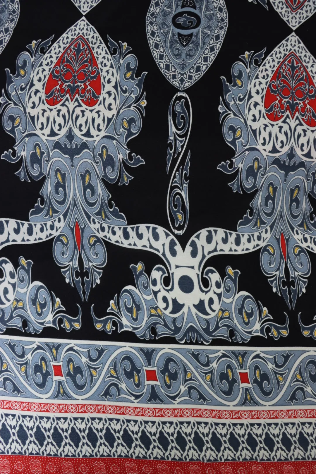 2YD 32IN REMNANT; Steel Blue & Red Double Border 100% Silk Jersey