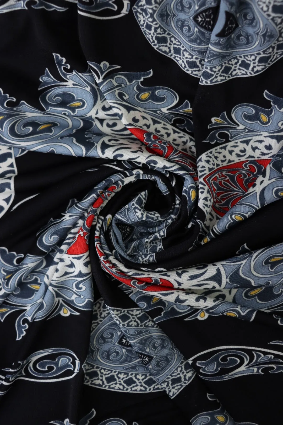 2YD 32IN REMNANT; Steel Blue & Red Double Border 100% Silk Jersey