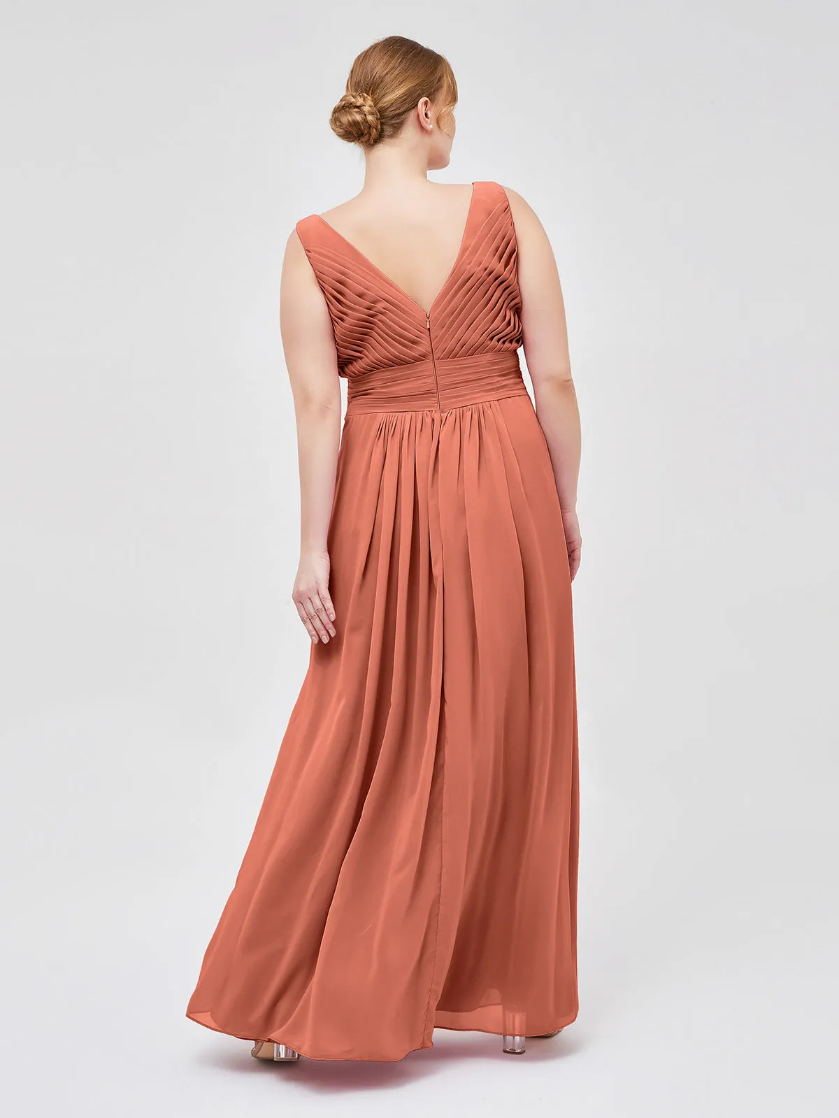A-line Chiffon Floor Length V Neck Dresses Rust Plus Size