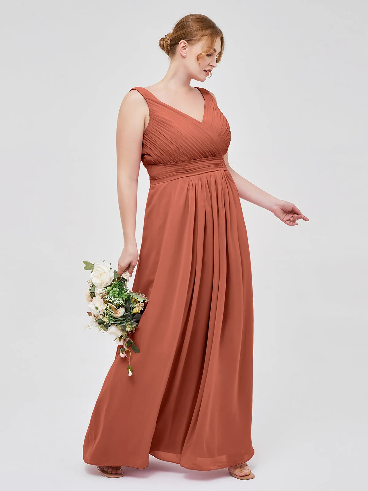 A-line Chiffon Floor Length V Neck Dresses Rust Plus Size