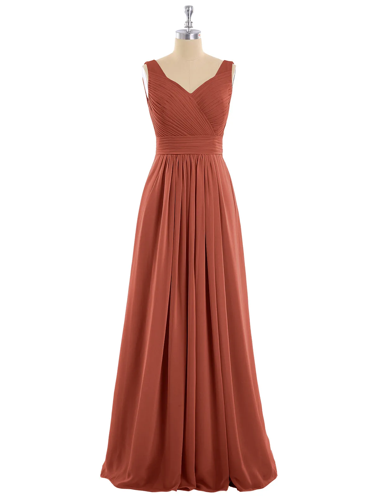A-line Chiffon Floor Length V Neck Dresses Rust Plus Size