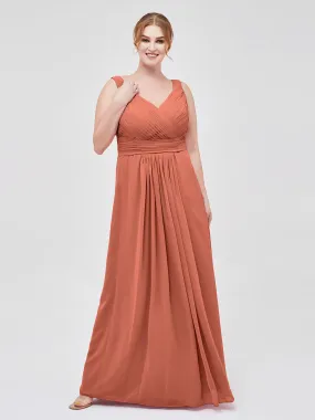 A-line Chiffon Floor Length V Neck Dresses Rust Plus Size