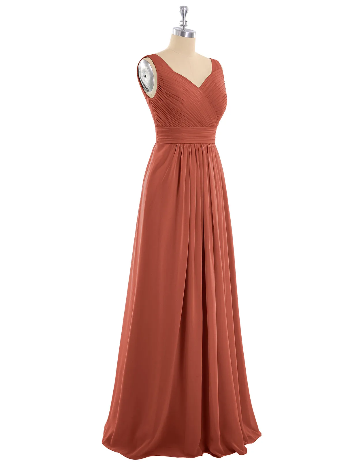 A-line Chiffon Floor Length V Neck Dresses Rust Plus Size