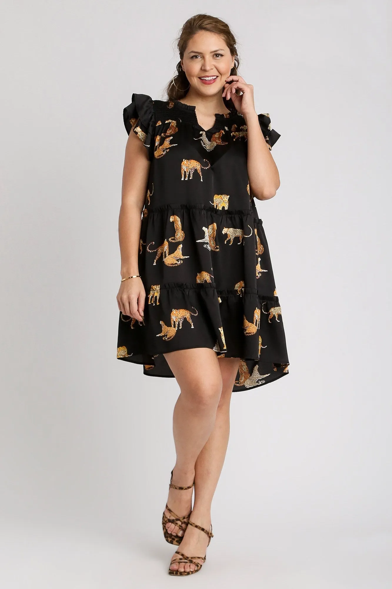Animal Print Tiered Dress in Black