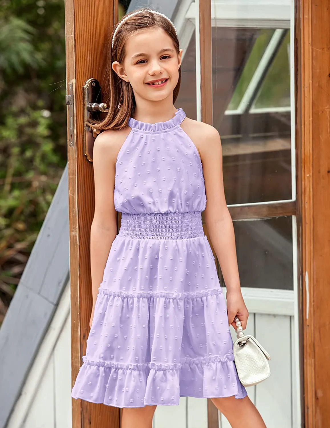 Arshiner Girls Halter Neck Dress Flowy Swiss Dot Smocked Dress