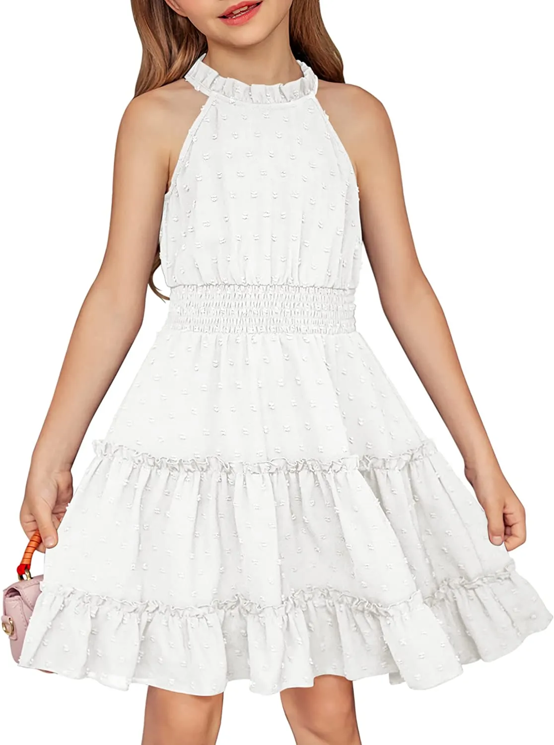 Arshiner Girls Halter Neck Dress Flowy Swiss Dot Smocked Dress