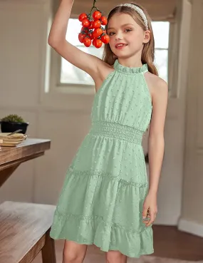Arshiner Girls Halter Neck Dress Flowy Swiss Dot Smocked Dress