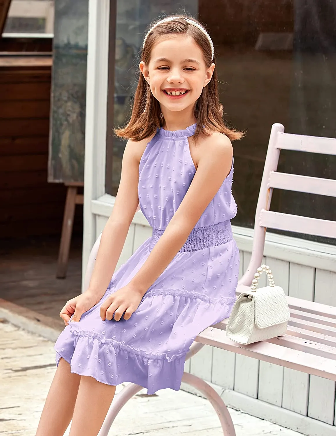 Arshiner Girls Halter Neck Dress Flowy Swiss Dot Smocked Dress