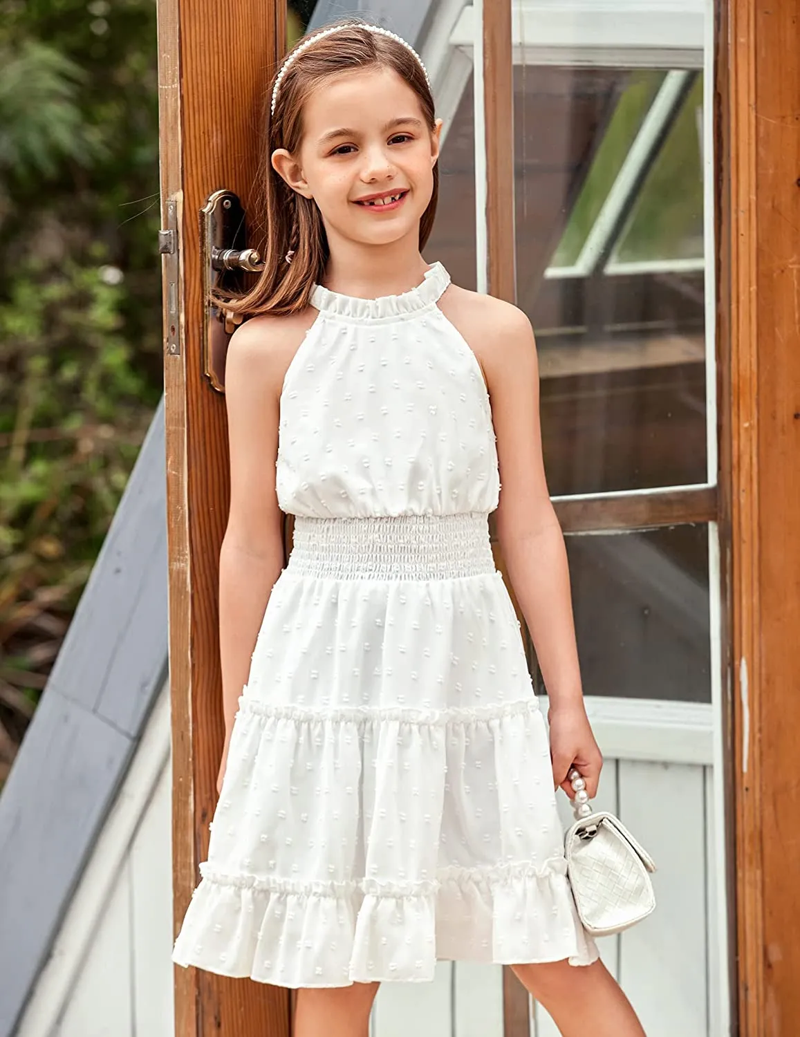 Arshiner Girls Halter Neck Dress Flowy Swiss Dot Smocked Dress