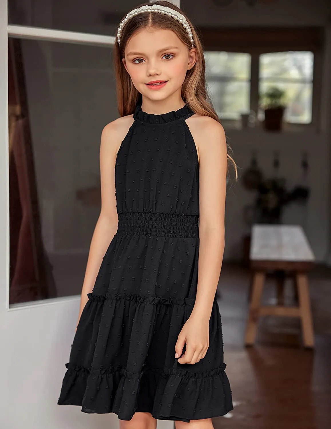Arshiner Girls Halter Neck Dress Flowy Swiss Dot Smocked Dress