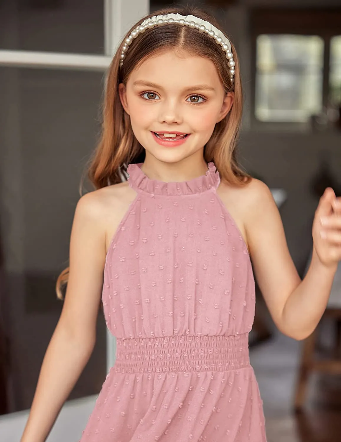 Arshiner Girls Halter Neck Dress Flowy Swiss Dot Smocked Dress
