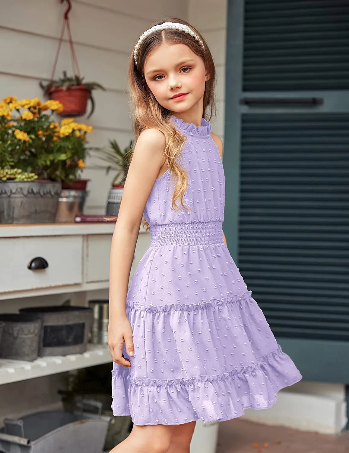 Arshiner Girls Halter Neck Dress Flowy Swiss Dot Smocked Dress