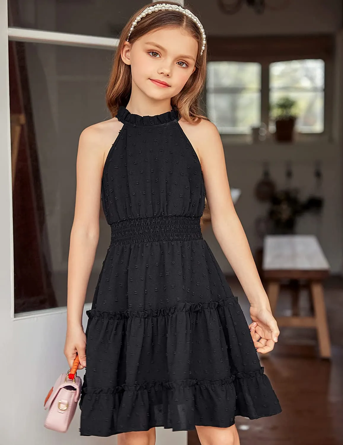Arshiner Girls Halter Neck Dress Flowy Swiss Dot Smocked Dress