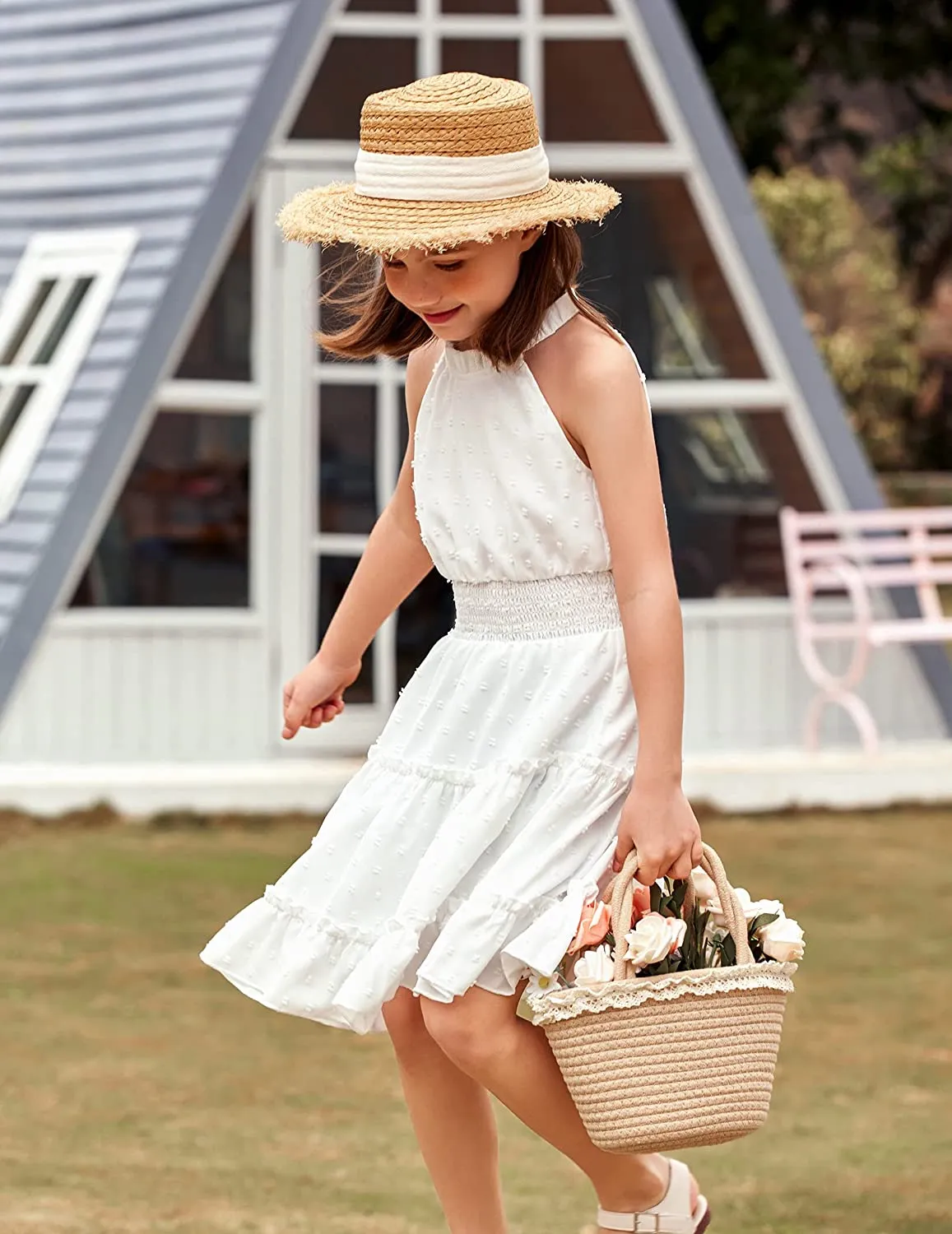 Arshiner Girls Halter Neck Dress Flowy Swiss Dot Smocked Dress