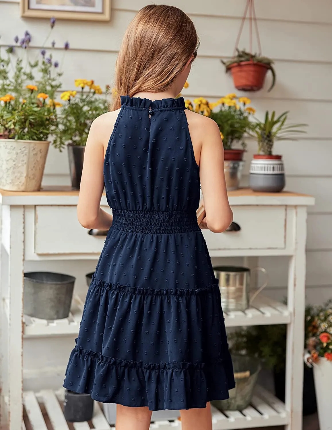 Arshiner Girls Halter Neck Dress Flowy Swiss Dot Smocked Dress