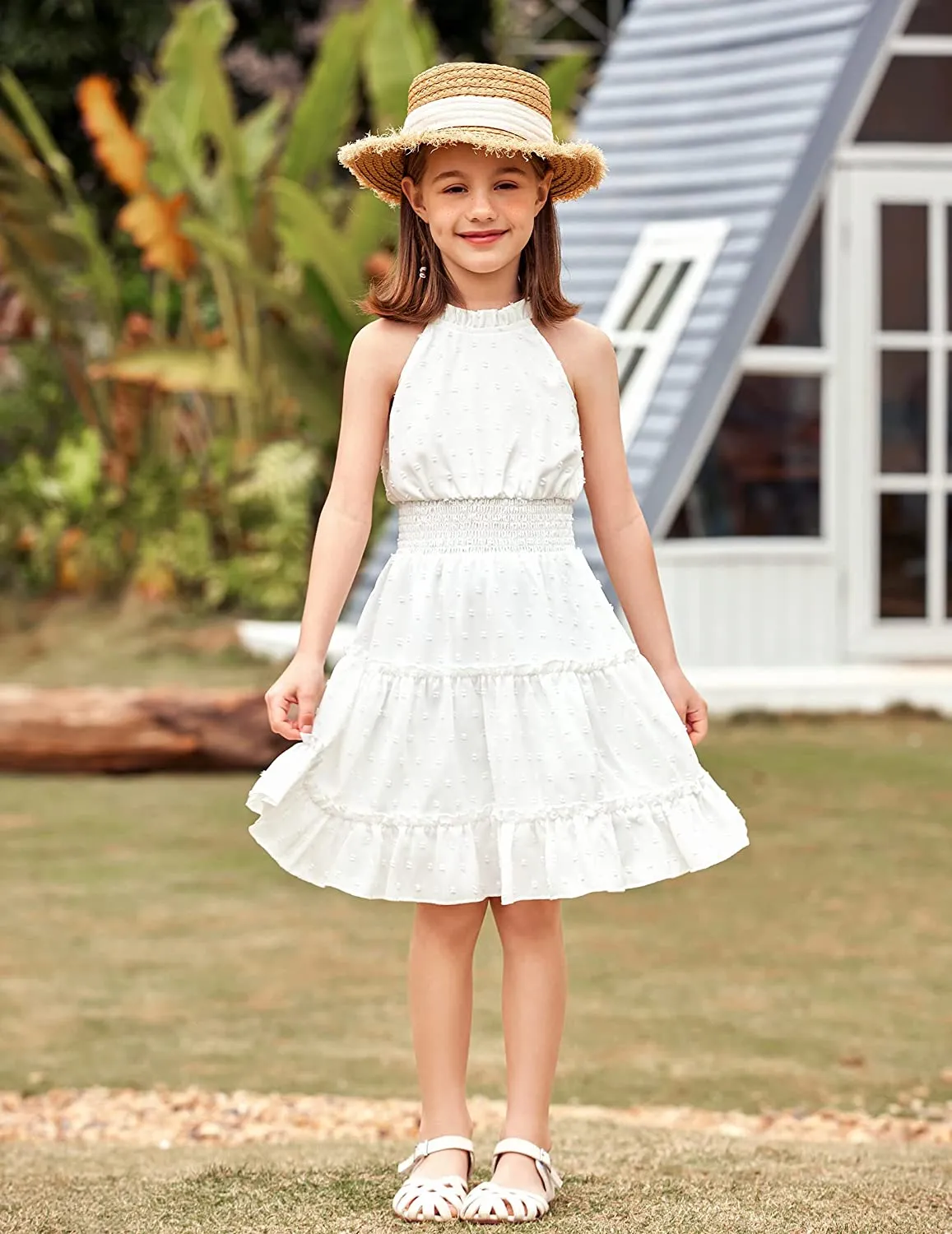 Arshiner Girls Halter Neck Dress Flowy Swiss Dot Smocked Dress
