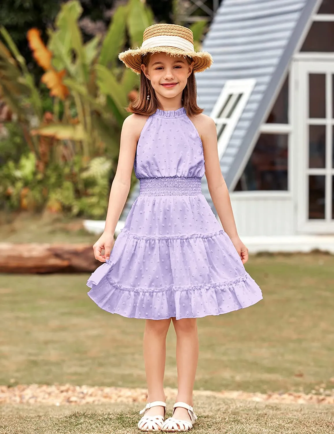Arshiner Girls Halter Neck Dress Flowy Swiss Dot Smocked Dress