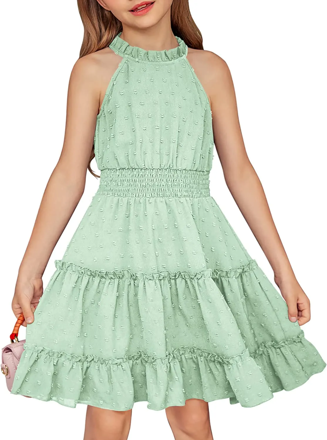 Arshiner Girls Halter Neck Dress Flowy Swiss Dot Smocked Dress