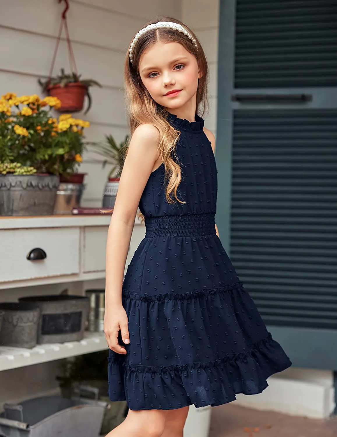 Arshiner Girls Halter Neck Dress Flowy Swiss Dot Smocked Dress