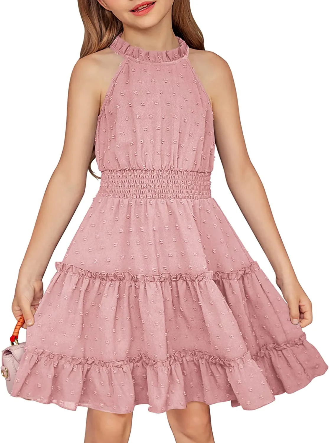 Arshiner Girls Halter Neck Dress Flowy Swiss Dot Smocked Dress
