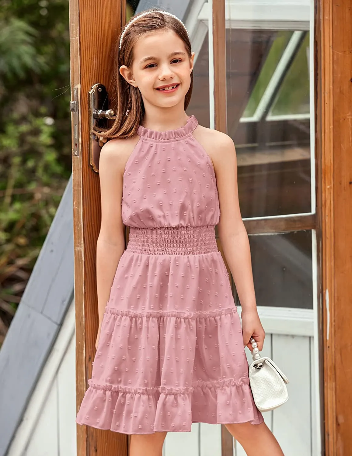 Arshiner Girls Halter Neck Dress Flowy Swiss Dot Smocked Dress