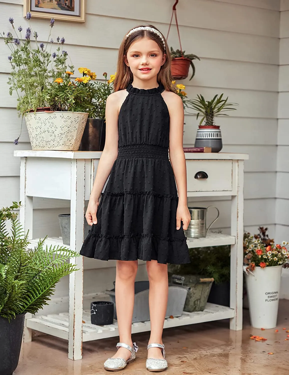 Arshiner Girls Halter Neck Dress Flowy Swiss Dot Smocked Dress