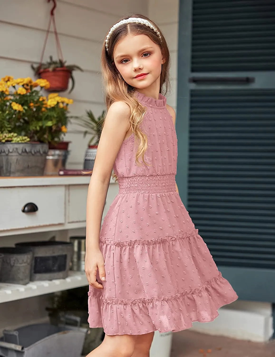 Arshiner Girls Halter Neck Dress Flowy Swiss Dot Smocked Dress