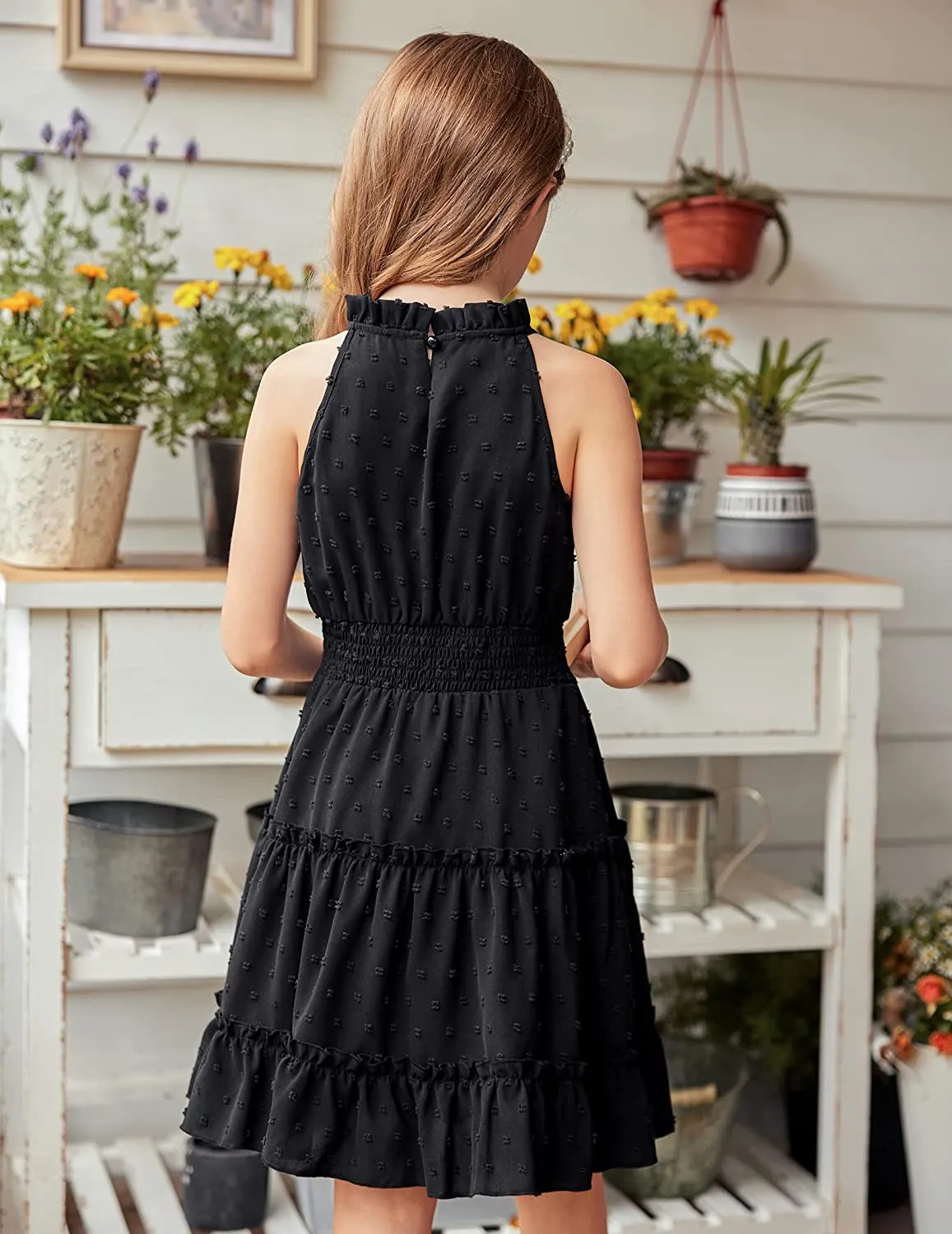 Arshiner Girls Halter Neck Dress Flowy Swiss Dot Smocked Dress