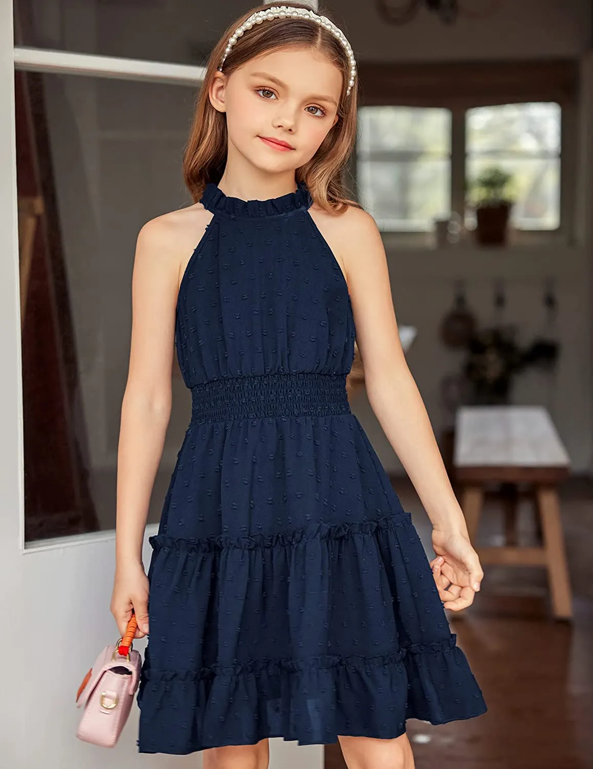 Arshiner Girls Halter Neck Dress Flowy Swiss Dot Smocked Dress