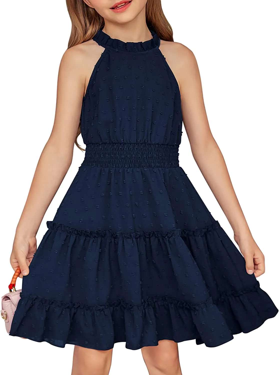 Arshiner Girls Halter Neck Dress Flowy Swiss Dot Smocked Dress