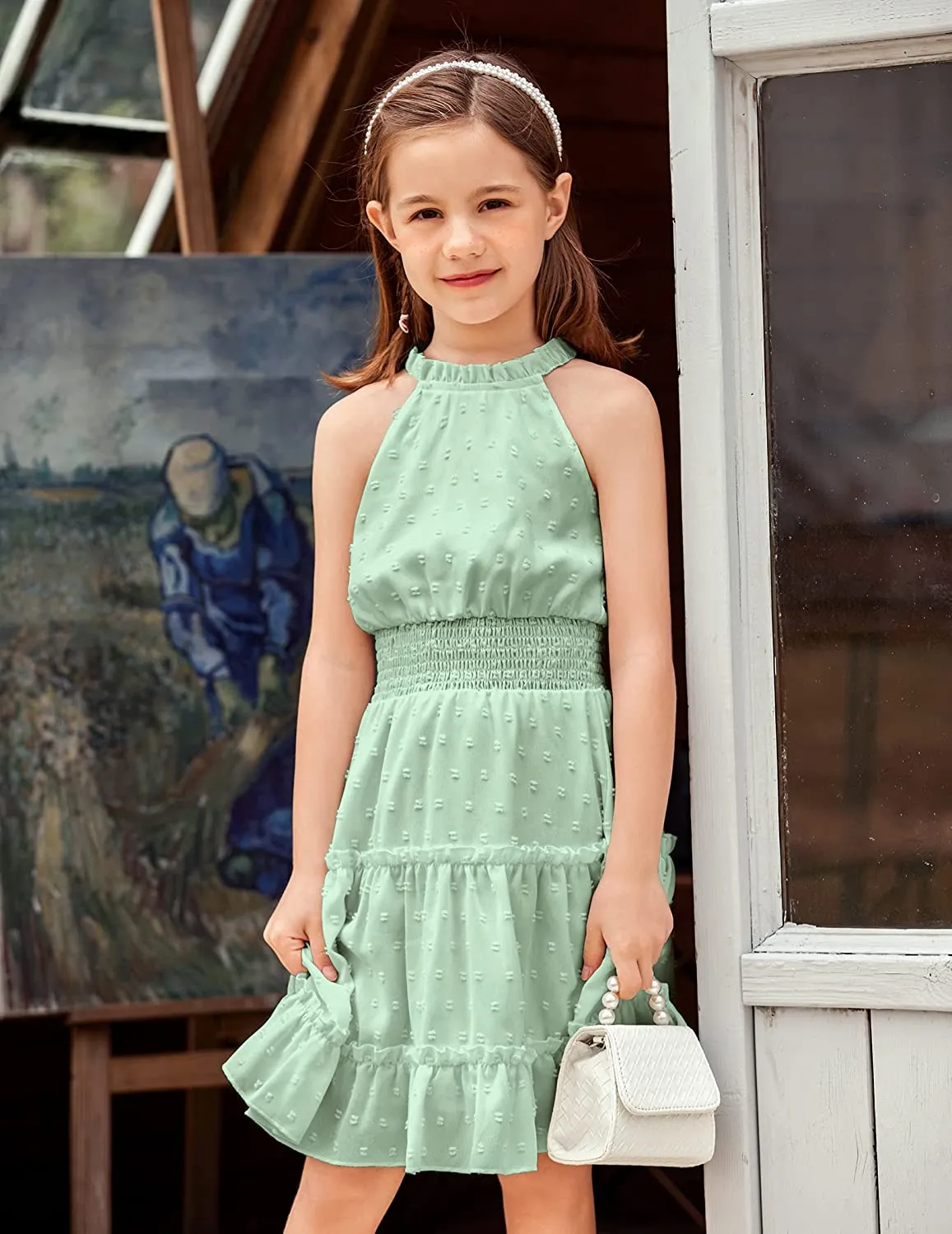 Arshiner Girls Halter Neck Dress Flowy Swiss Dot Smocked Dress