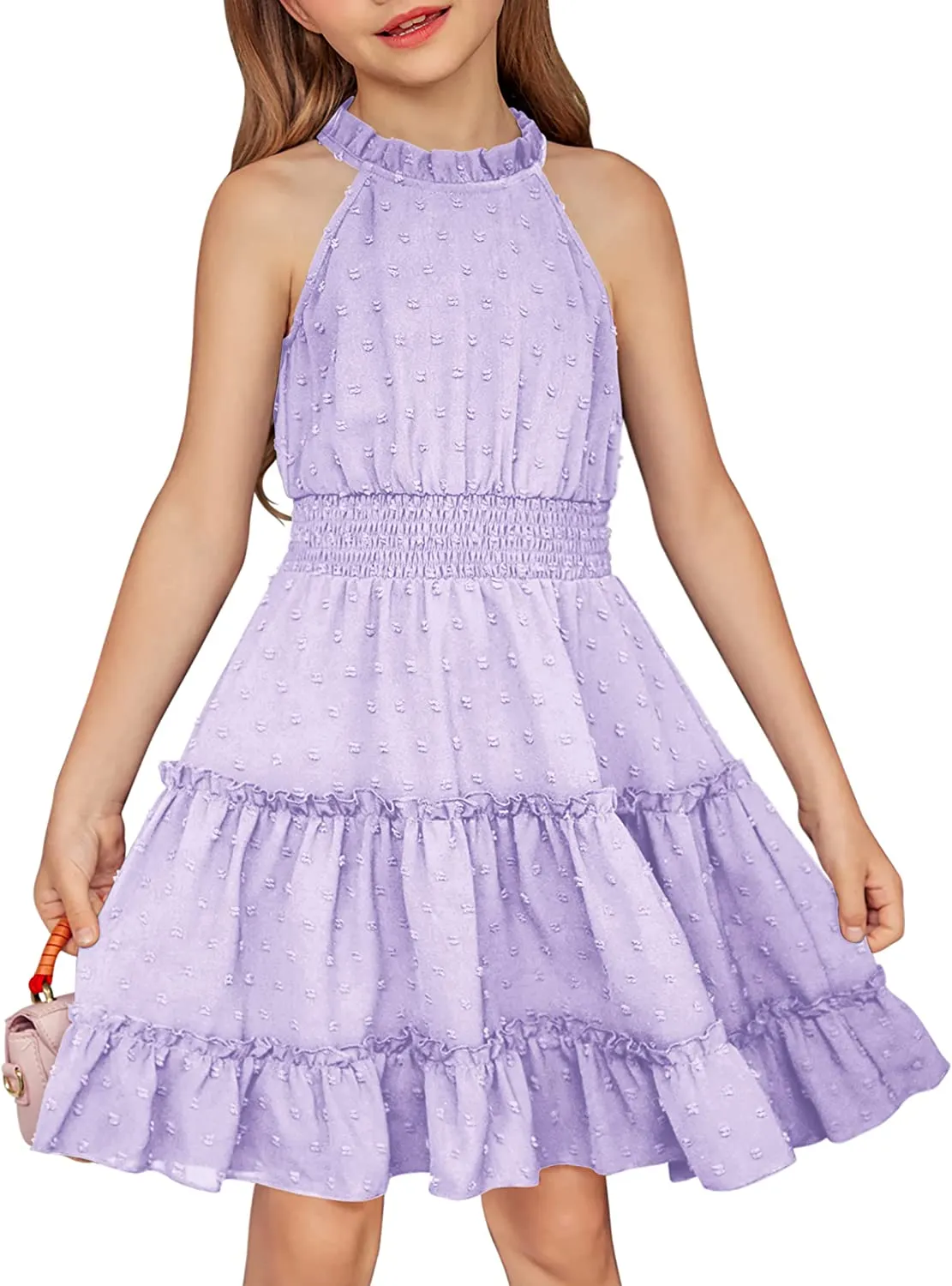 Arshiner Girls Halter Neck Dress Flowy Swiss Dot Smocked Dress