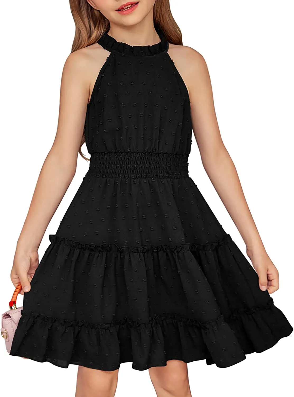 Arshiner Girls Halter Neck Dress Flowy Swiss Dot Smocked Dress