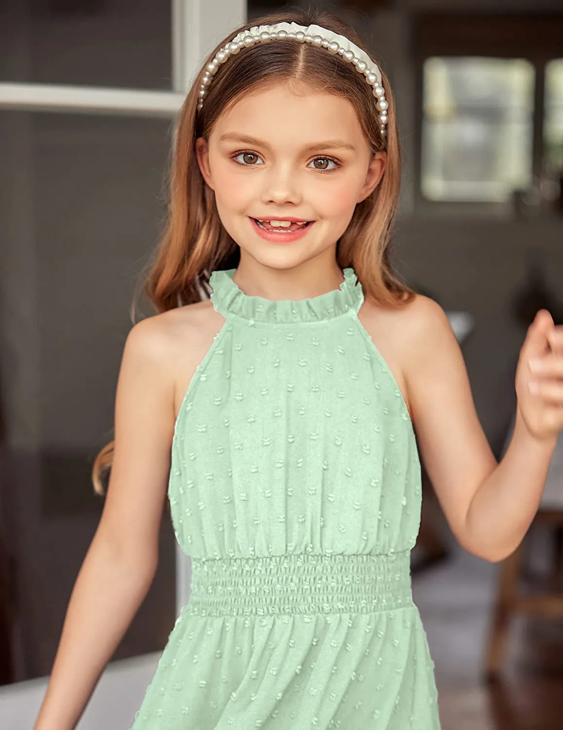 Arshiner Girls Halter Neck Dress Flowy Swiss Dot Smocked Dress