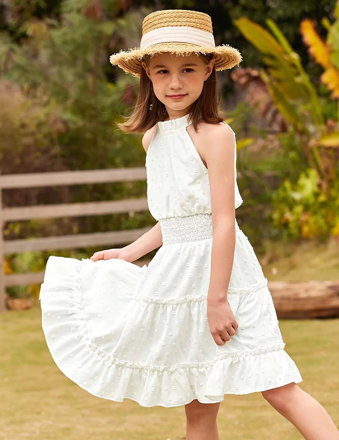 Arshiner Girls Halter Neck Dress Flowy Swiss Dot Smocked Dress