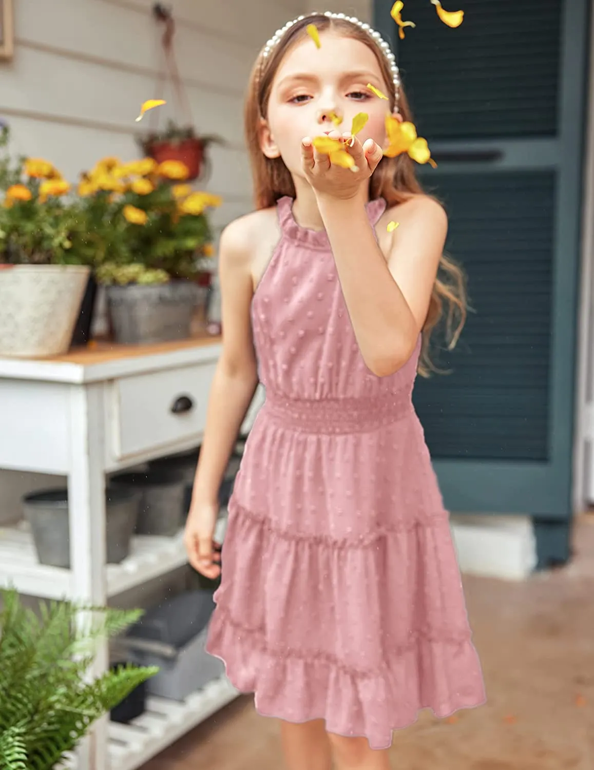 Arshiner Girls Halter Neck Dress Flowy Swiss Dot Smocked Dress
