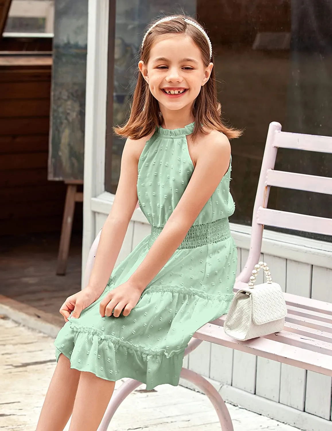 Arshiner Girls Halter Neck Dress Flowy Swiss Dot Smocked Dress