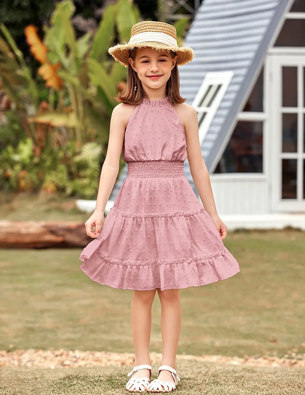 Arshiner Girls Halter Neck Dress Flowy Swiss Dot Smocked Dress