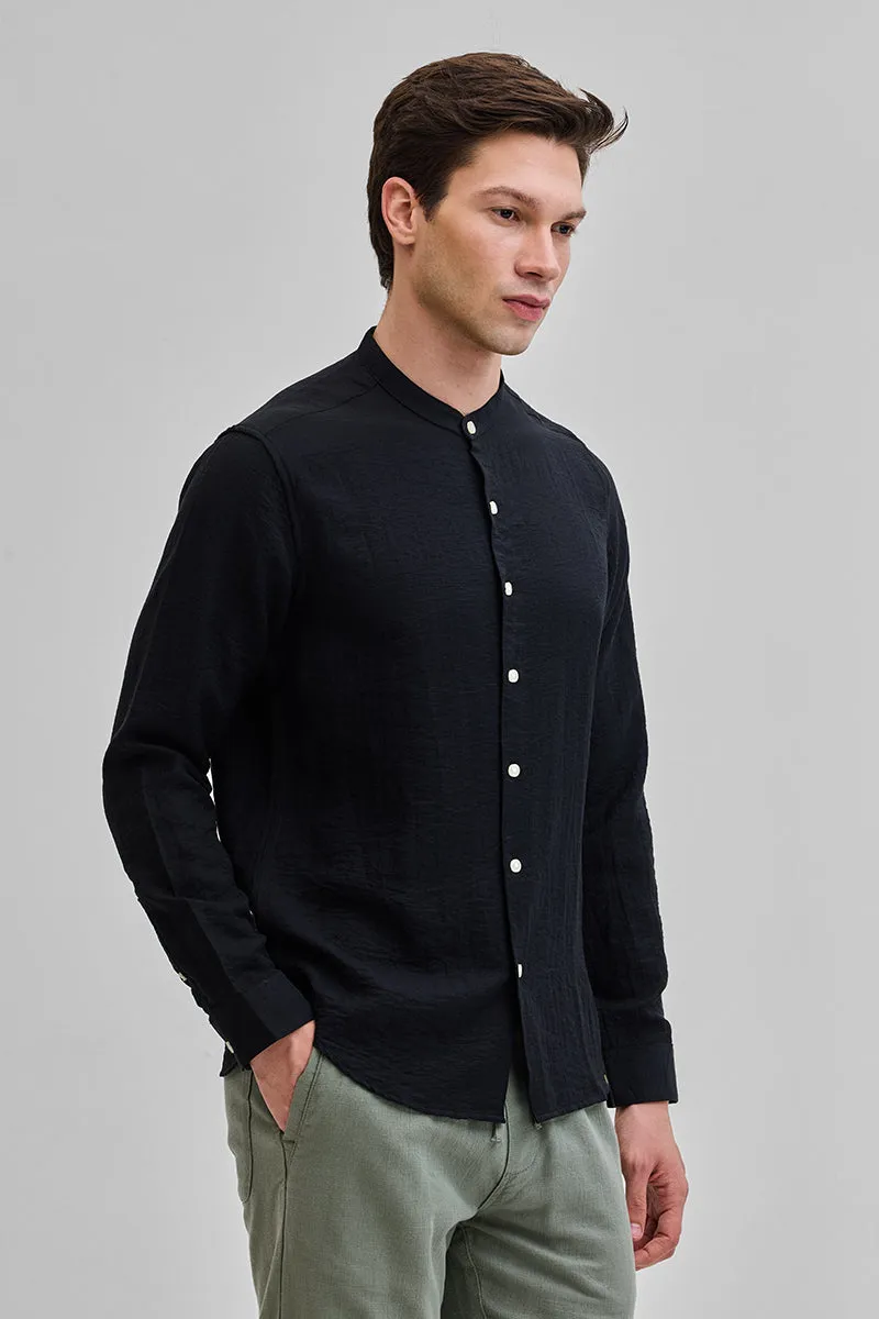 Black Mandarin Linen Blend Shirt