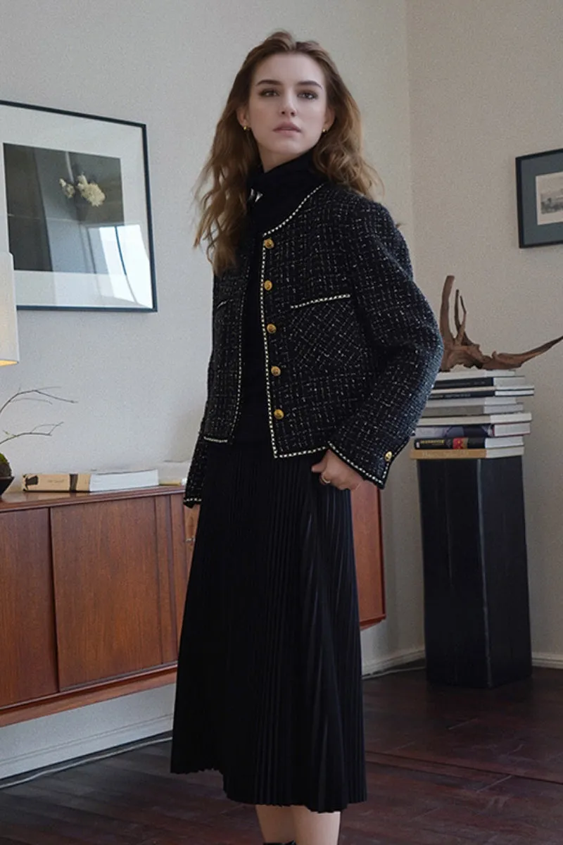 Black Wool Blend Collarless Cropped Tweed Jacket
