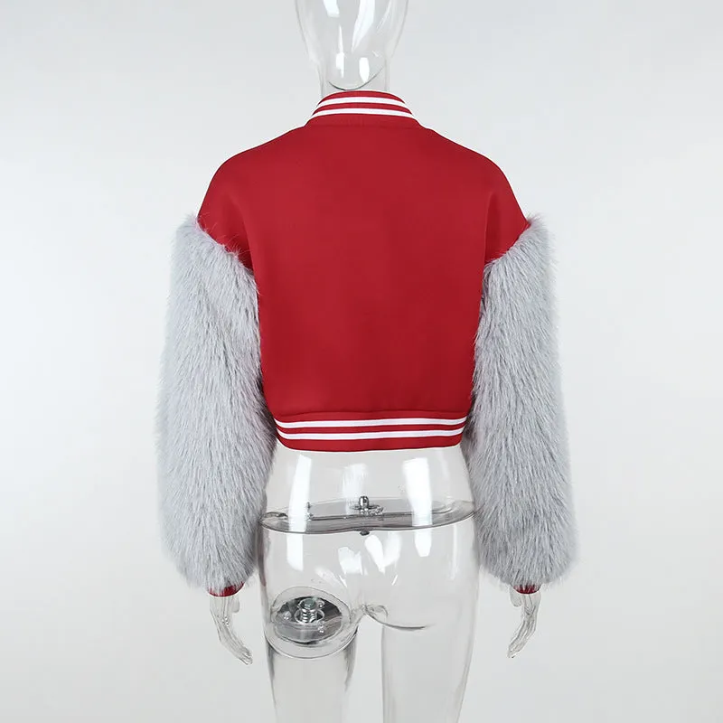 Brown Cropped Varsity Jacket Long Sleeve Baseball Uniform Coat