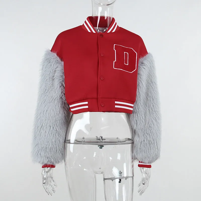 Brown Cropped Varsity Jacket Long Sleeve Baseball Uniform Coat