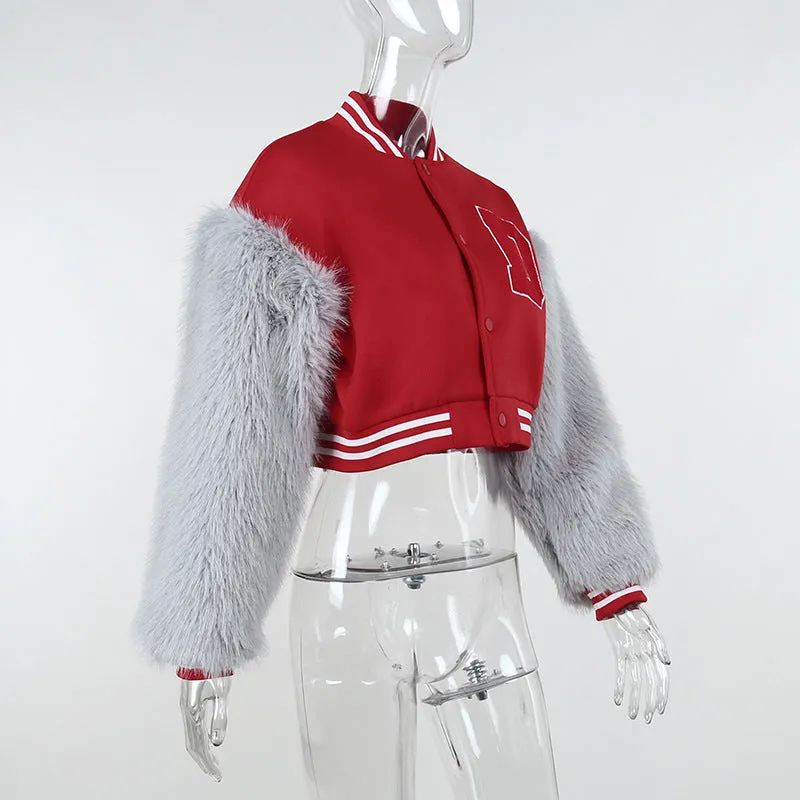 Brown Cropped Varsity Jacket Long Sleeve Baseball Uniform Coat