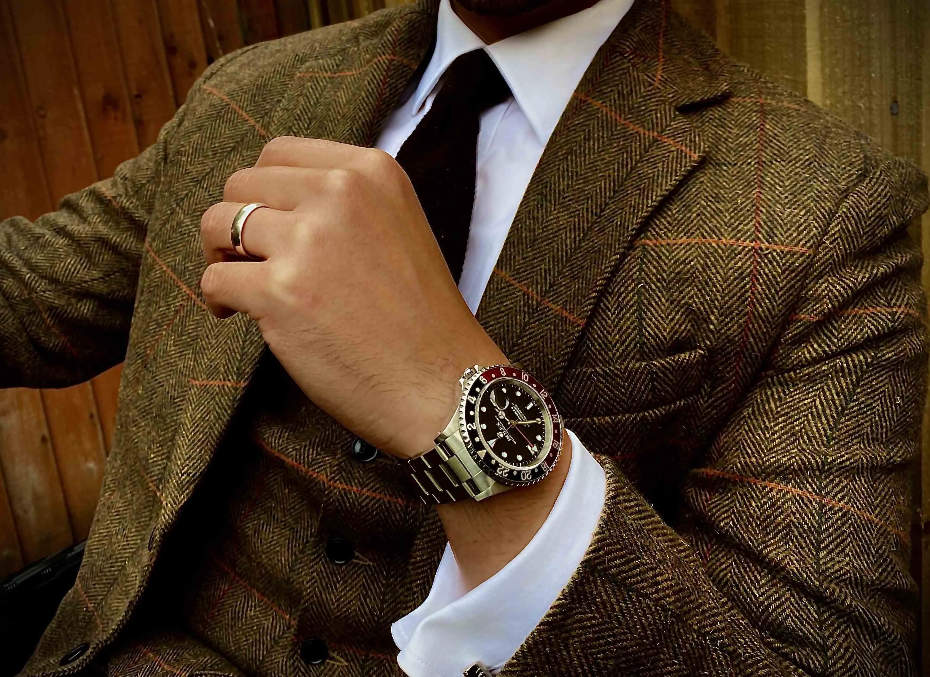 Brown Herringbone With Orange, Black & Red Windowpane 2 Piece Tweed Suit