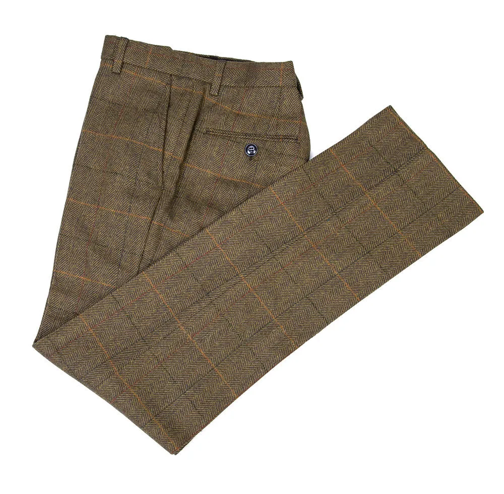 Brown Herringbone With Orange, Black & Red Windowpane 2 Piece Tweed Suit
