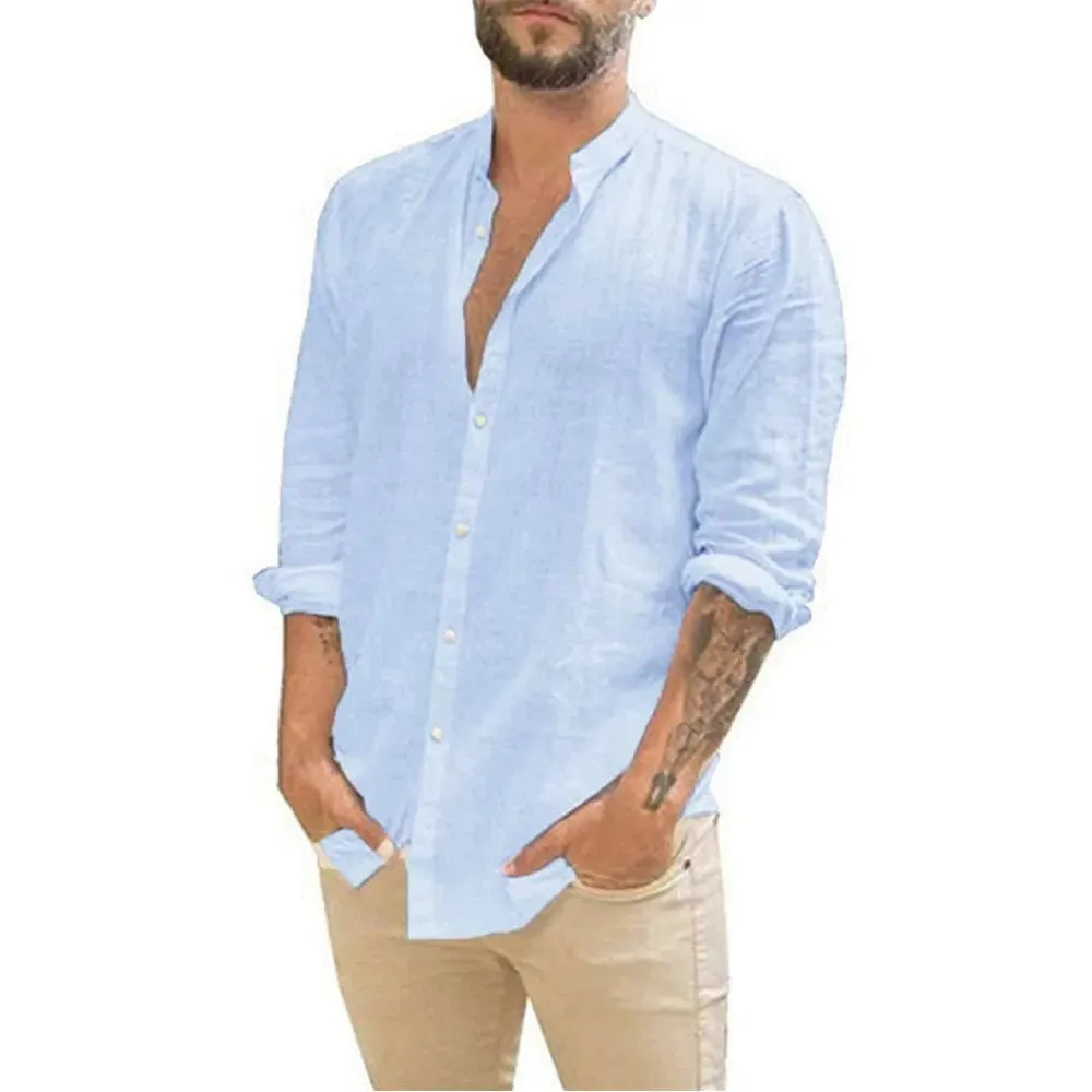 Cotton Linen Men's Long-Sleeved Summer Shirt with Stand-Up Collar