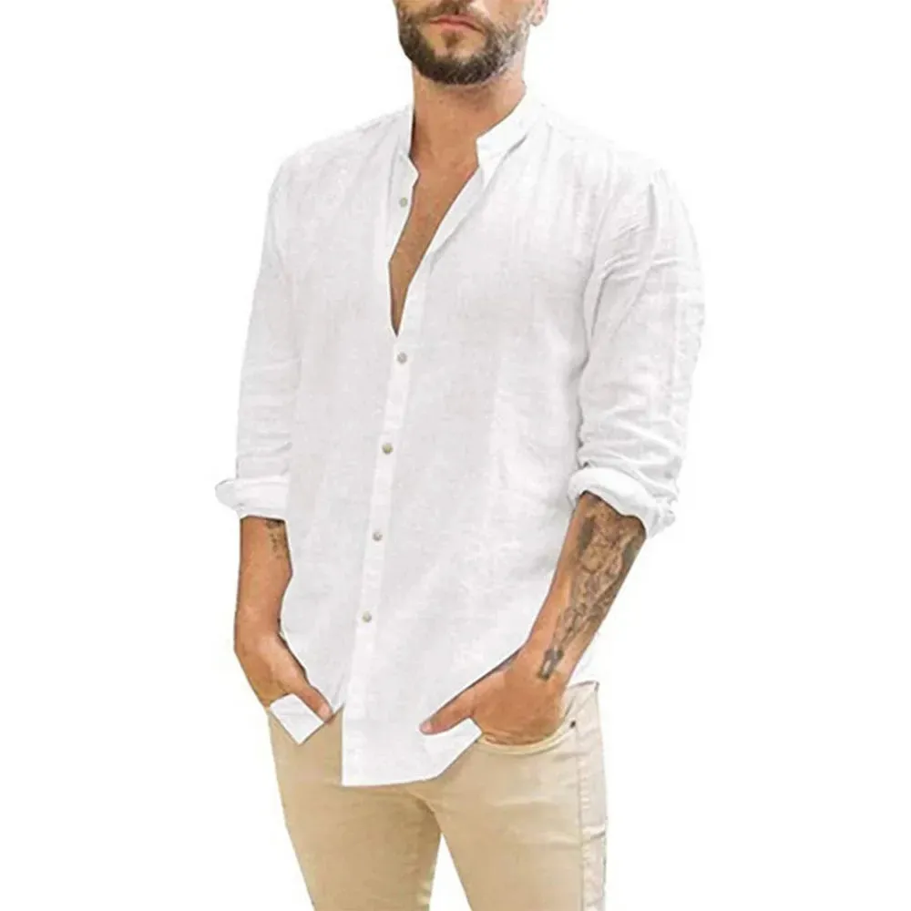 Cotton Linen Men's Long-Sleeved Summer Shirt with Stand-Up Collar