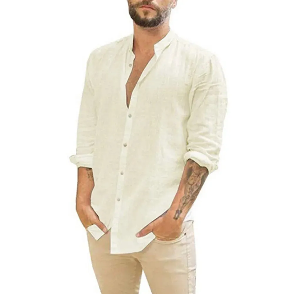 Cotton Linen Men's Long-Sleeved Summer Shirt with Stand-Up Collar